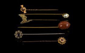 A Collection Of Six Late 19th And Early 20th Century 9ct Gold And Mixed Metal Stick Pins A good