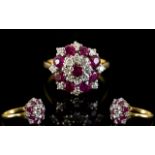 18ct Gold - Attractive Ruby and Diamond Set Cluster Ring, Flower head Setting.