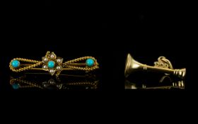 Victorian Period 18ct Gold Seed Pearl and Turquoise Set Brooch with Flower head Setting.