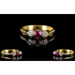 18ct Gold - Very Attractive 3 Stone Ruby and Diamond Dress Ring, Fully Hallmarked for 18ct - 750.