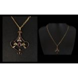 Edwardian Period 9ct Gold Garnets and Seed Pearl Set Pendant Drop,