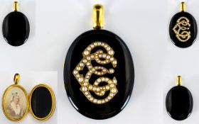 18ct Gold Seed Pearl And Black Enamel Mid Victorian Period Wonderful And Large Oval Form Double