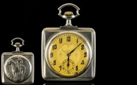 Art Nouveau - Stylish Slim-fold Silver Square Shaped Hunting Scene Open Faced Pocket Watch.