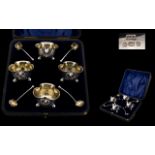 Edwardian Period Attractive Boxed Set of Four Shamrock Shaped Silver Salts and Original Spoons,