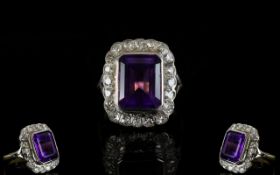 18ct Gold - Superb Quality Amethyst and Diamond Set Cluster Dress Ring, The Central Large Step-Cut
