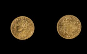 Swiss - Helvetia 20 Francs Gold Coin. Date 1927. Gold Purity 0.900, In Uncirculated Condition.