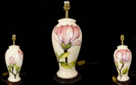 Moorcroft Lamp Base '' Pink Magnolia '' Design, Cream Ground with pale pink ombre tubelined floral