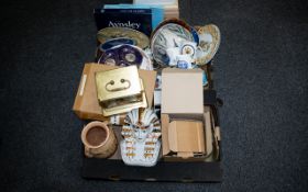 A Mixed Box Of Collectables To Include Commemorative Cups, Carriage Clocks, Egyptian ceramic bust,