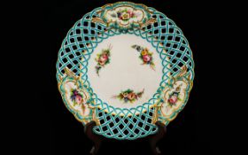A 19th Century Minton Cabinet Plate With Reticulated Border Antique plate with cobalt blue lattice