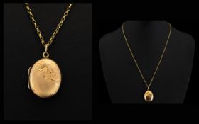 Oval Shaped - 9ct Gold Hinged Locket - Attached to a 9ct Gold Belcher Chain ( Small Links ) Both