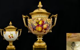 Royal Worcester Large and Stunning Hand Painted - Twin Handle Lidded Fruits Vase of Large