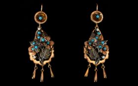 Victorian Period Rose Gold Turquoise And Seed Pearl Set Drop Earrings Wired earrings of teardrop