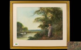 Fred Hines - Early 20th Century - A Young Lady Carrying Sticks and Standing on The Riverbank