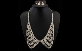 White Crystal Collar Necklace and Matching Drop Earrings, a filigree collar style necklace with