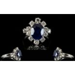 Art Deco Period 18ct White Gold - Superb Quality Sapphire and Diamond Set Cluster Dress Ring,
