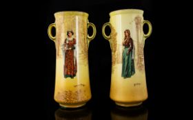 Royal Doulton Shakespeare Series Ware Vases Two vases, each of cylindrical form with twin handles,