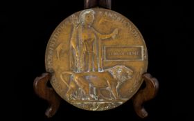 WWI 1914-1918 Interest Bronze Death Penny Issued to 'Curran Hunt' diameter, 5 inches.