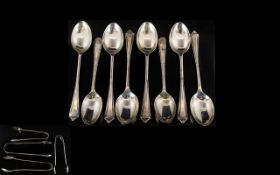 A Small Collection Of Silver Spoons And Sugar Tongs Twelve items in total, various hallmarks,