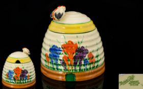 Clarice Cliff Hand Painted - Lidded Beehive Honey Pot ' Crocus ' Pattern.