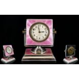Art Deco Period - Ladies Impressive Solid Silver and Pink Guilloche Enamel Table / Desk Clock,