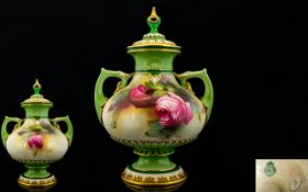 Royal Worcester - Hadley Hand Painted Twin Handle Urn Shaped Lidded Vase ' Roses ' Still Life.