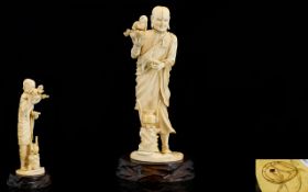 Japanese Tokyo School - Signed Meiji Period 1864 - 1912 Finely Carved Ivory Okimono of a Priest