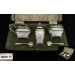 Edwardian Period Walker and Hall Boxed Silver - 3 Piece Cruet Set with George Unite Silver Salt