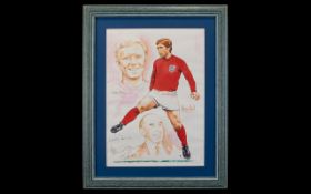 Football Interest Alan Ball Autograph Framed colour illustrative print depicting Booby Moore and