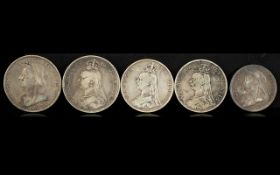 A Mixed Collection Of Five Silver Coins Comprising 1893 and 1897 Victorian Crowns.