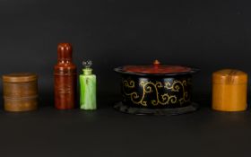 An Oriental Lacquered Scarf Box Cylindrical/drum form box with gilt scroll decoration and red