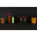 An Oriental Lacquered Scarf Box Cylindrical/drum form box with gilt scroll decoration and red