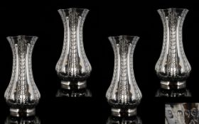 Victorian Period Set of 4 Matching Solid Silver Vases of Wasted Form with Ribbed Leaf Decoration to