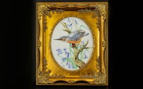 Framed Watercolour Polychrome illustration depicting a kingfisher amongst flowers and grasses,