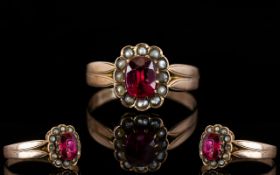 Antique Period 9ct Rose Gold Stone Set Cluster Ring, The Central Pink / Red Coloured Stone,