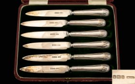 Edwardian Period Delux Set of Six Quality Fruit Knives, All Set with Solid Silver Handles and