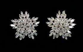 Diamond 'Starburst' White Gold Cluster Earrings, baguette cut diamonds flaring outwards from central