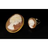 A 9ct Shell Cameo Brooch And Matching Ring Mid 20th century oval cameo brooch in 9ct gold mount