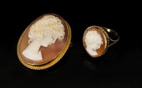 A 9ct Shell Cameo Brooch And Matching Ring Mid 20th century oval cameo brooch in 9ct gold mount