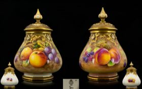Royal Worcester Superb Quality - Matched Pair of Hand Painted Lidded ' Fruits ' Vases - Fallen