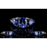 Ladies - Attractive 9ct White Gold - 3 Stone Tanzanite Set Dress Ring,