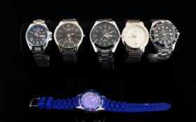 Collection Of Gents Fashion Wrist Watches. Six In Total, All Water Resistant With Steel Backs.