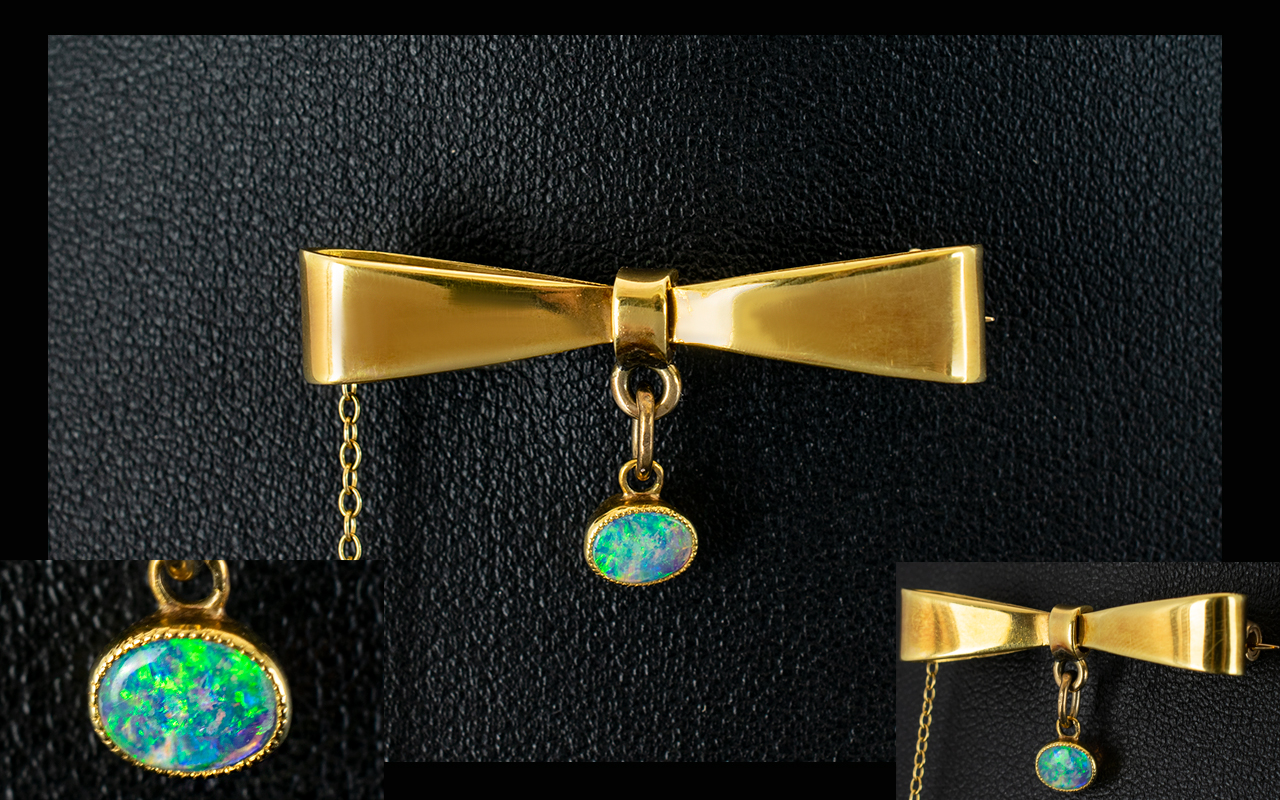 Antique Period - Pleasing 18ct Gold Bow Tie Brooch with Attached Opal Drop and Safety Chain.