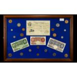 A Mounted and Framed Banknote and Coin Collection.