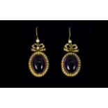 Victorian Period Stunning Pair of 15ct Gold - Oval Shaped Amethyst and Seed Pearl Set Drop Earrings