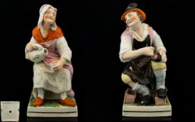 Staffordshire - Large and Rare Pair of Pearlware Figures of the Cobbler Jobsons and His Wife Nell,