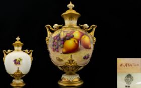 Royal Worcester Large and Stunning Hand Painted - Twin Handle Urn Shaped Fruits Lidded Vase of