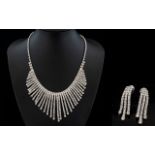 White Crystal Curved Fringe Necklace and Earrings Set,