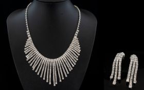 White Crystal Curved Fringe Necklace and Earrings Set,