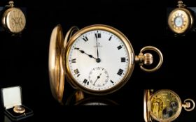 Omega - Superb 9ct Gold Demi Hunter Pocket Watch, Features Jeweled Movement, White Porcelain Dial,