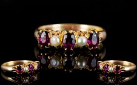 Victorian Period - Gallery Set 18ct Gold Five Stone Ruby and Pearl Set Dress Ring with Excellent